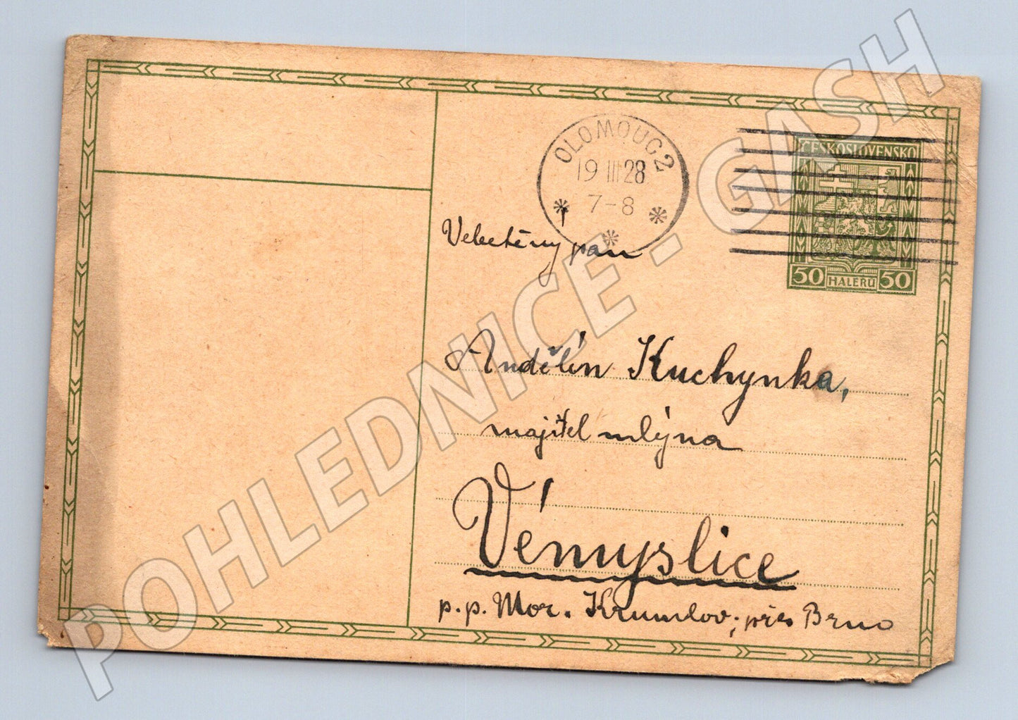 Pohlednice Olomouc text a poštovní razítko 1928 (BM26144)
