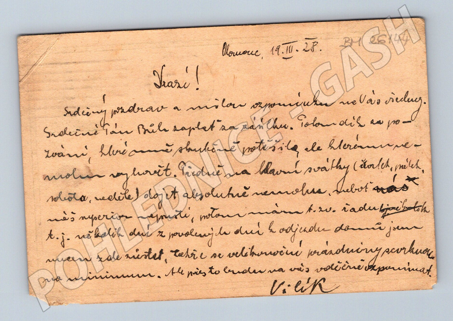 Pohlednice Olomouc text a poštovní razítko 1928 (BM26144)