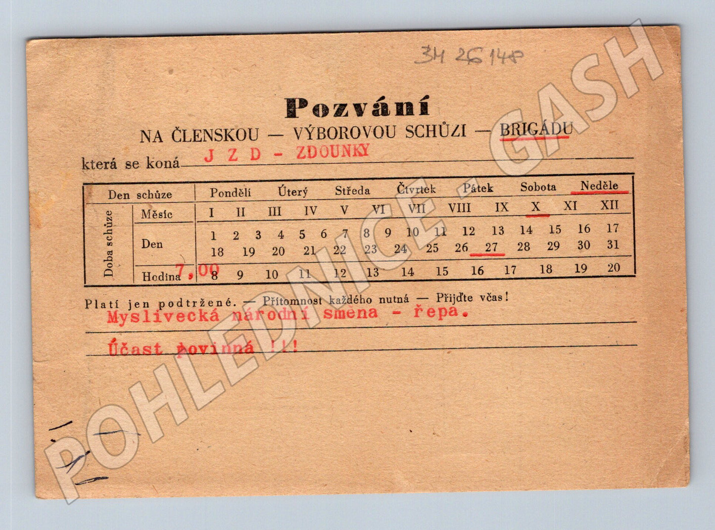 Pohlednice Zdouňky JZD pozvánka na schůzi (BM26148)