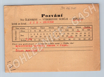 Pohlednice Zdouňky JZD pozvánka na schůzi (BM26148)