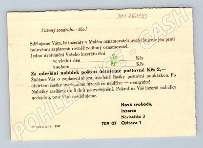 Pohlednice Ostrava Nová svoboda inzerce 1973 (BM26150)