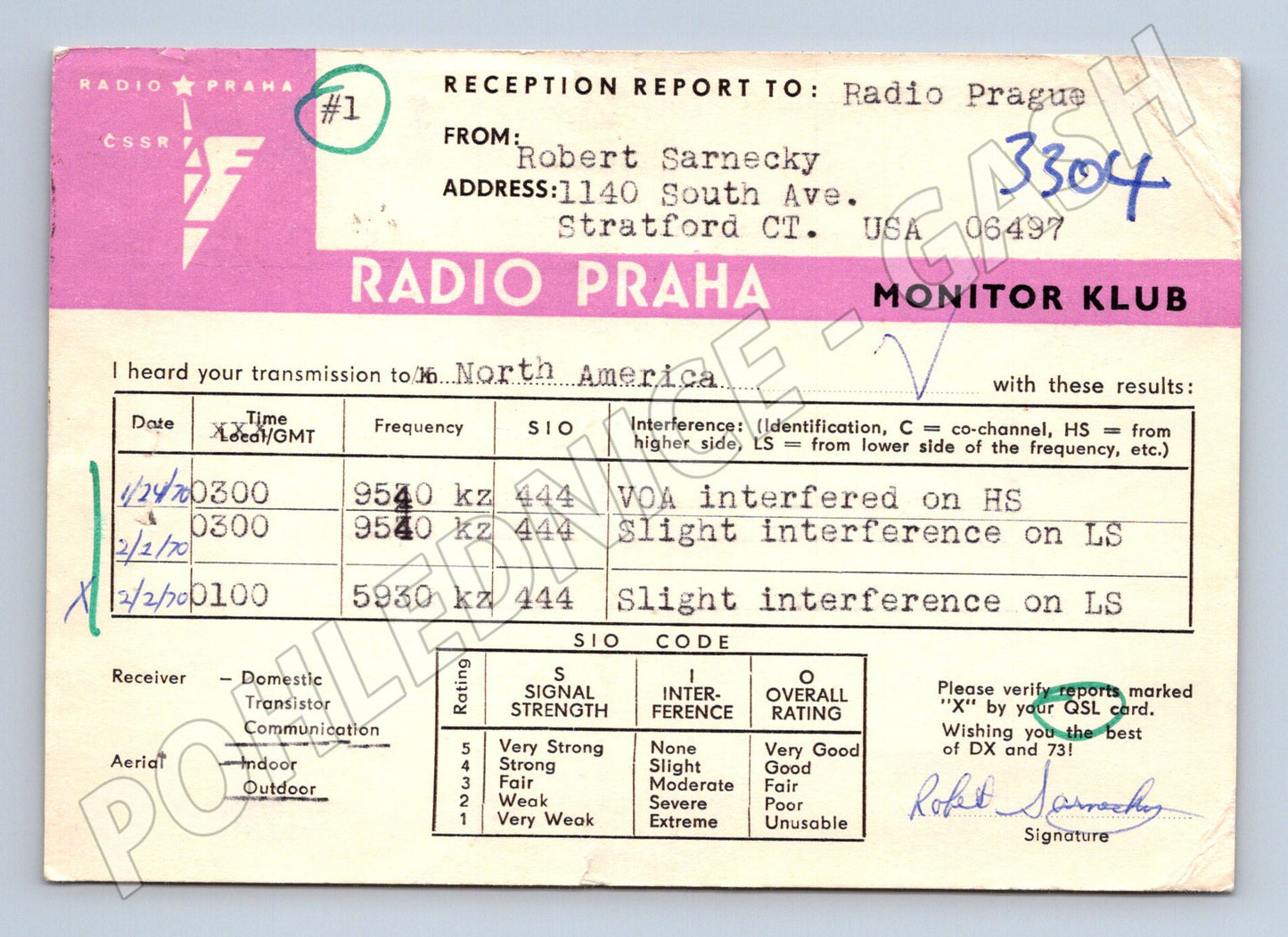 Pohlednice USA Radio Praha QSL karta 1970 (BM26182)