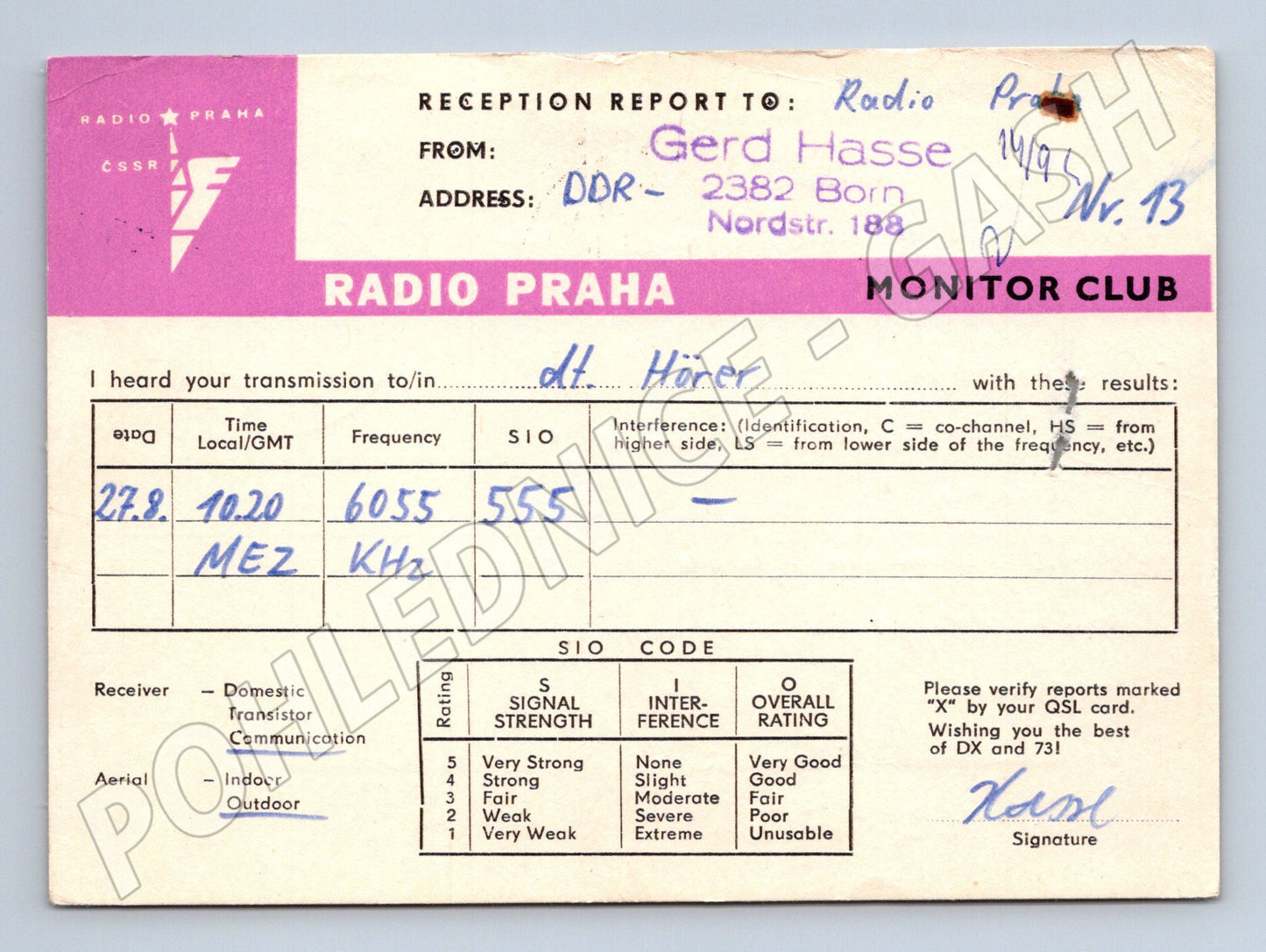 Pohlednice Německo Radio Praha QSL lístek 1970 (BM26185)