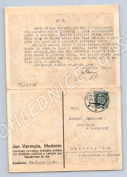 Pohlednice Hodonín reklamní 1938 (BM26193)
