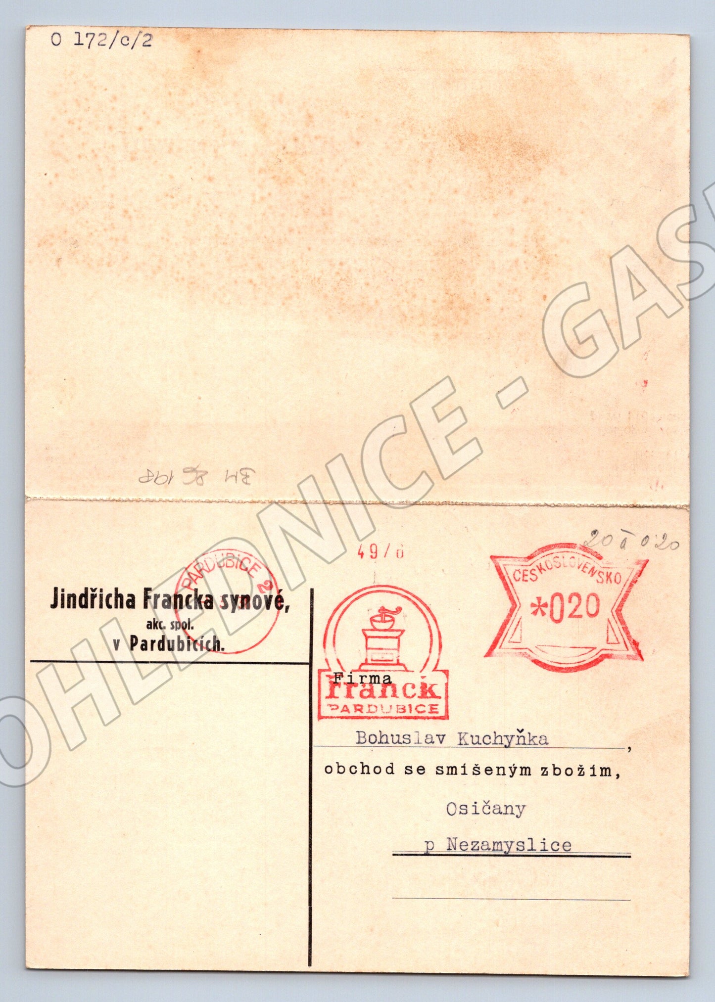 Pohlednice Pardubice obchodní odpovědní lístek 1935 (BM26198)