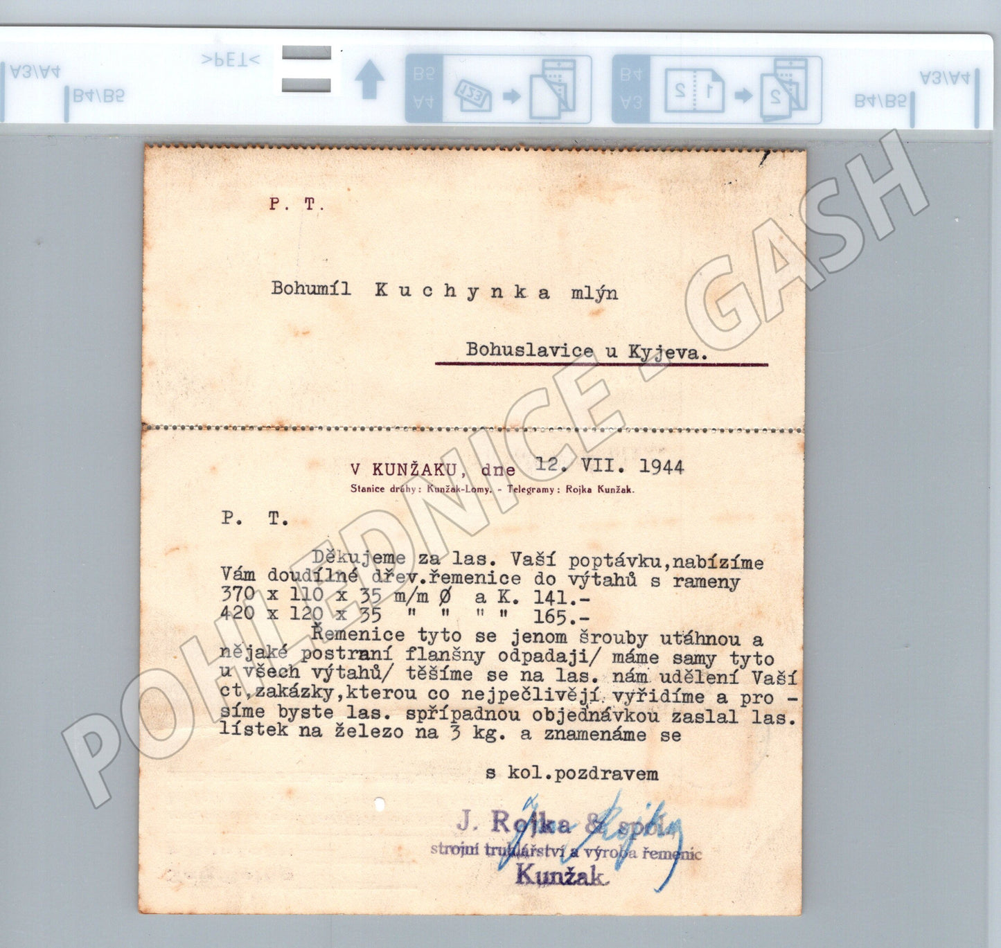 Pohlednice Kunžak obchodní sdělení Jan Řehořka 1944 (BM26201)
