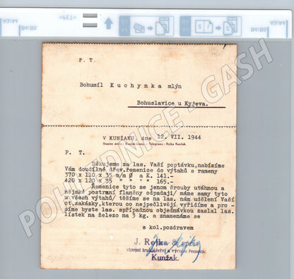 Pohlednice Kunžak obchodní sdělení Jan Řehořka 1944 (BM26201)