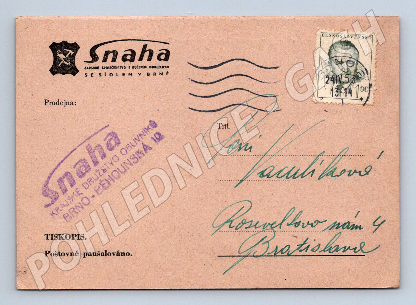 Pohlednice Československo Snaha Brno reklama 1953 (BM26210)