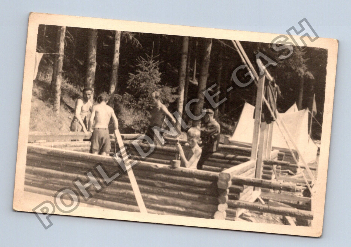 Stará fotografie muži staví srub v lese (BM26277)