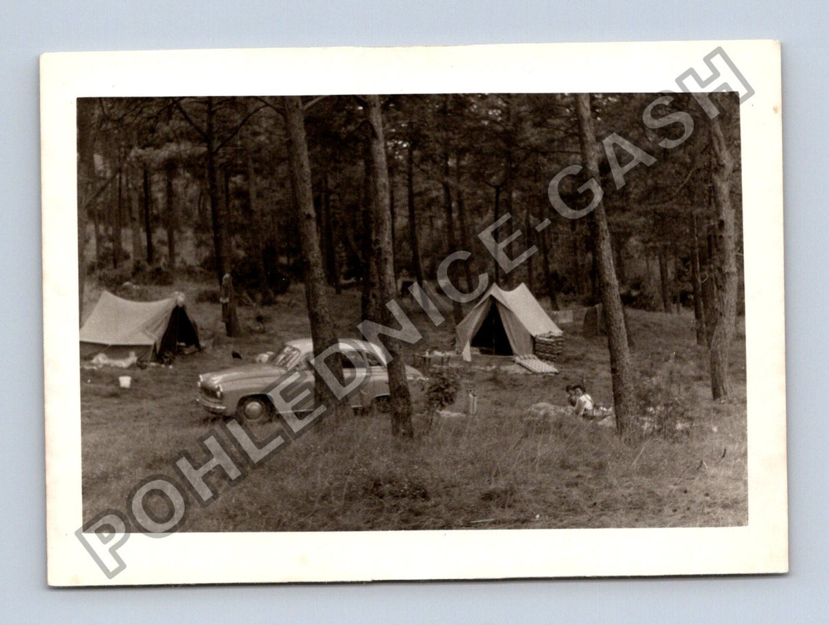 Stará fotografie camping v lese s autem a stany (BM26450)