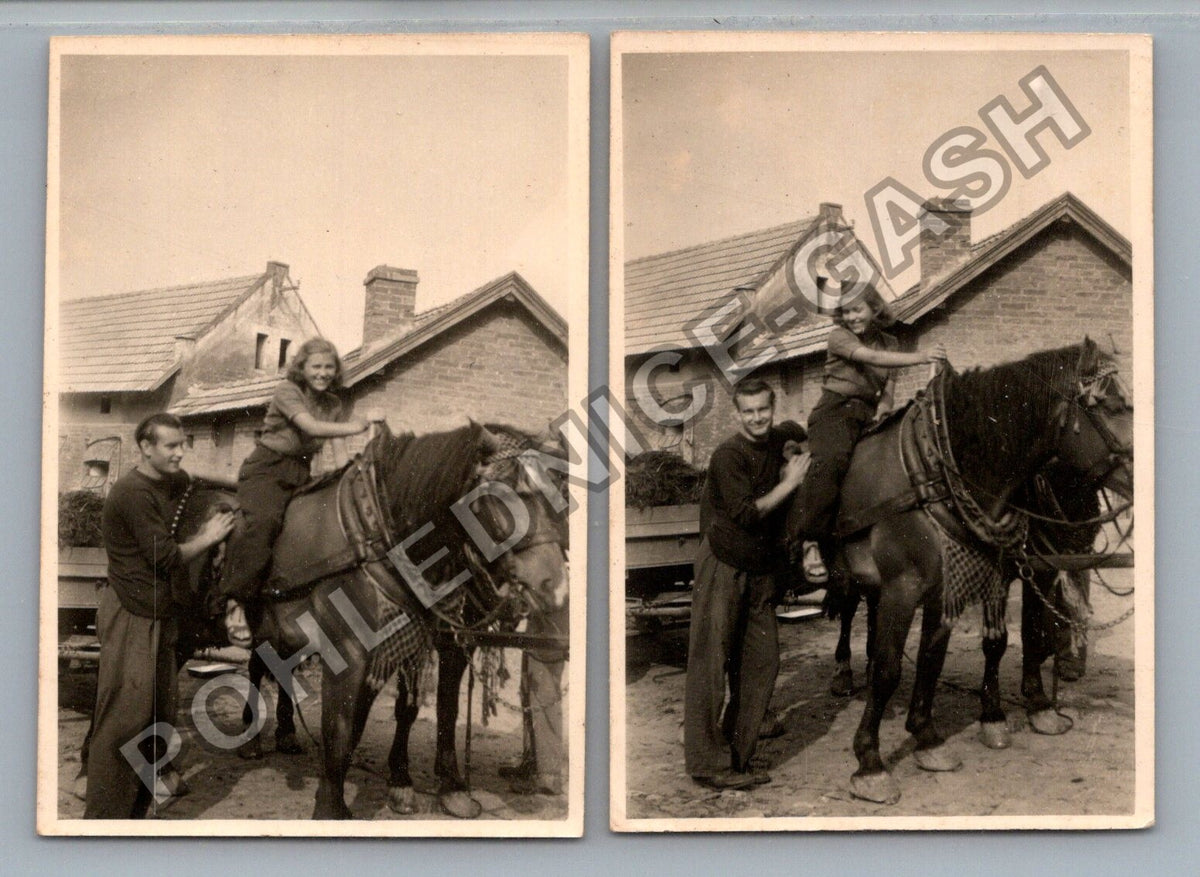Stará fotografie muž a žena s koňmi venkovské stavení (BM26642)