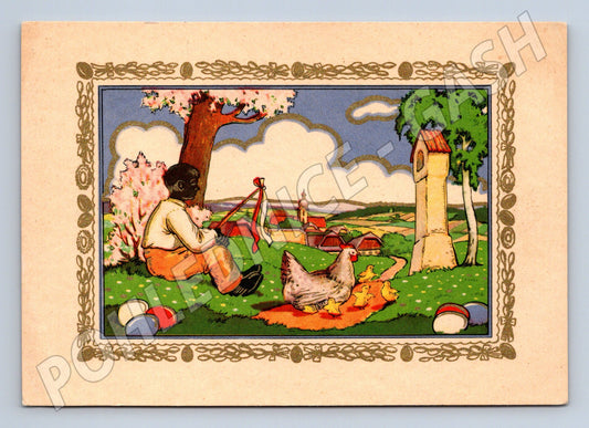 Velikonoční pohlednice chlapec pomlázka kuřata (M10003)