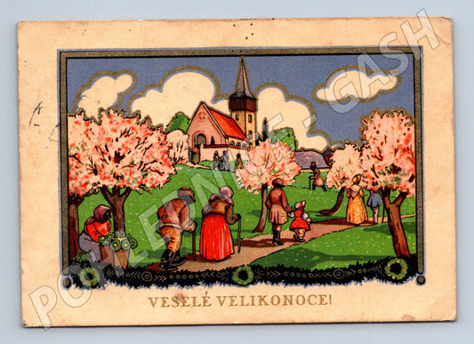 Velikonoční pohlednice ČSR kroje vesnice malý formát (M10009)