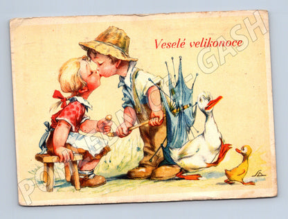 Easter postcard 1950 Czechoslovakia small format used (M10012)
