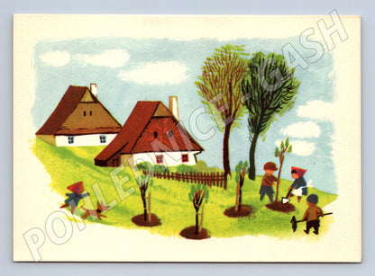 Easter postcard village tempera F Škoda (M10014)