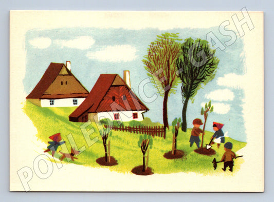 Velikonoční pohlednice vesnice tempera F Škoda (M10014)