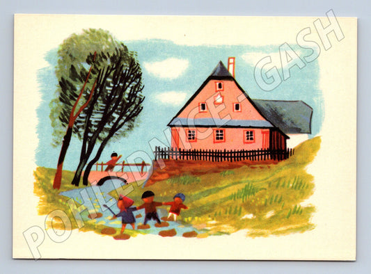 Velikonoční pohlednice děti a chalupa F Škoda (M10016)