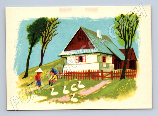 Velikonoční pohlednice chalupa děti husy F Škoda (M10017)