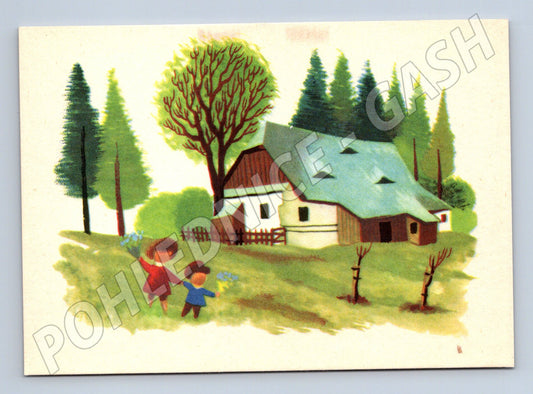 Velikonoční pohlednice český venkov děti F Škoda (M10018)