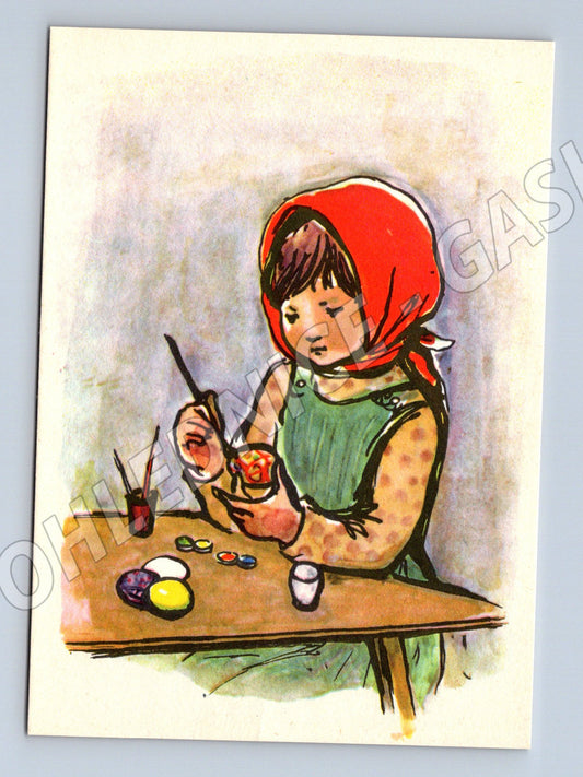 Easter postcard little girl painting Easter eggs (M10022)