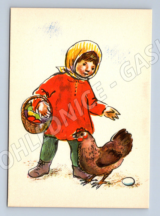 Easter postcard child and hen V Slivková (M10024)