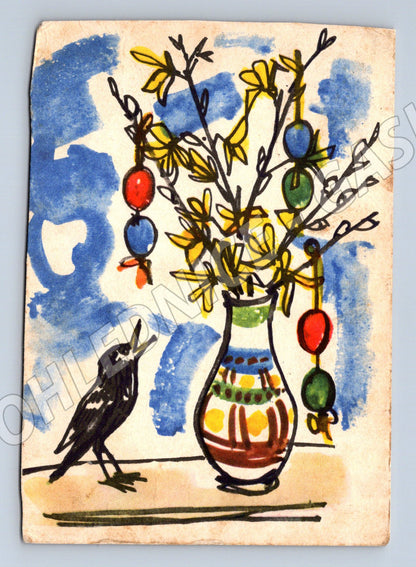Easter postcard vase twigs bird 1960 (M10042)