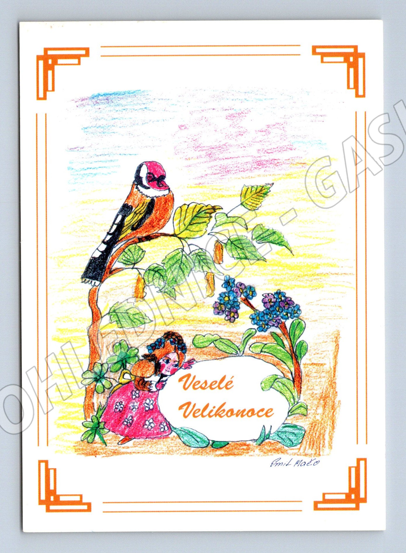 Easter postcard bird folk motif handmade (M10044)