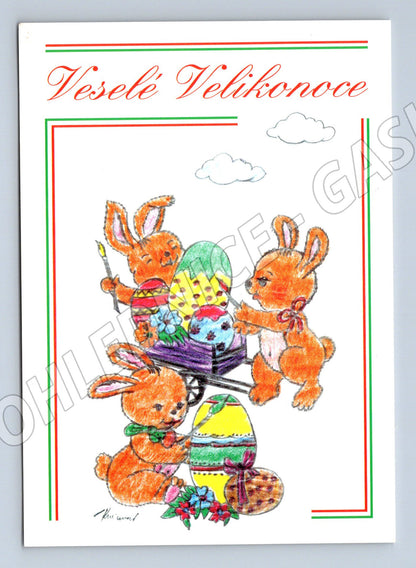 Easter postcard bunnies with eggs original (M10046)