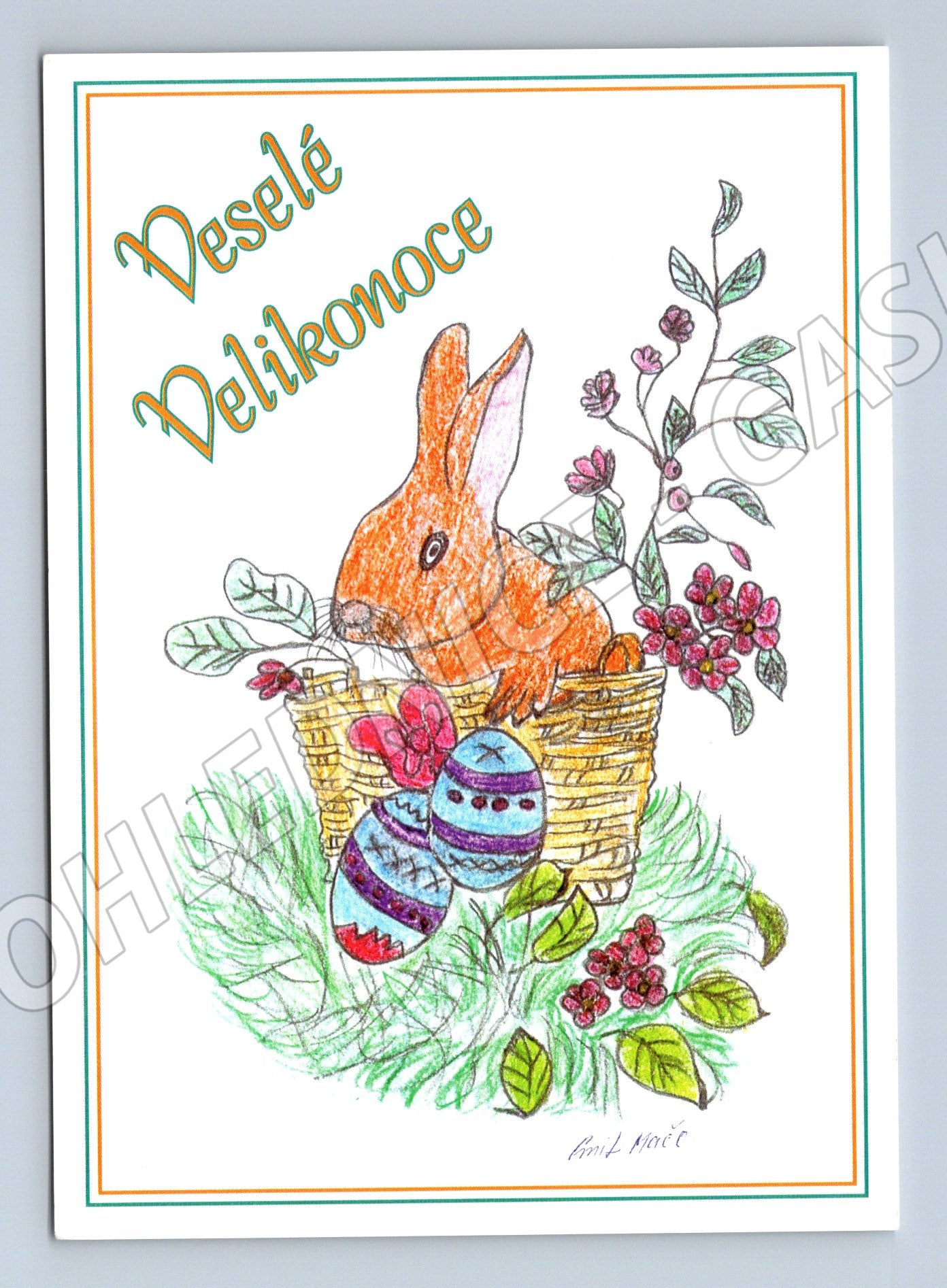 Velikonoční pohlednice zajíček a kraslice ruční (M10047)