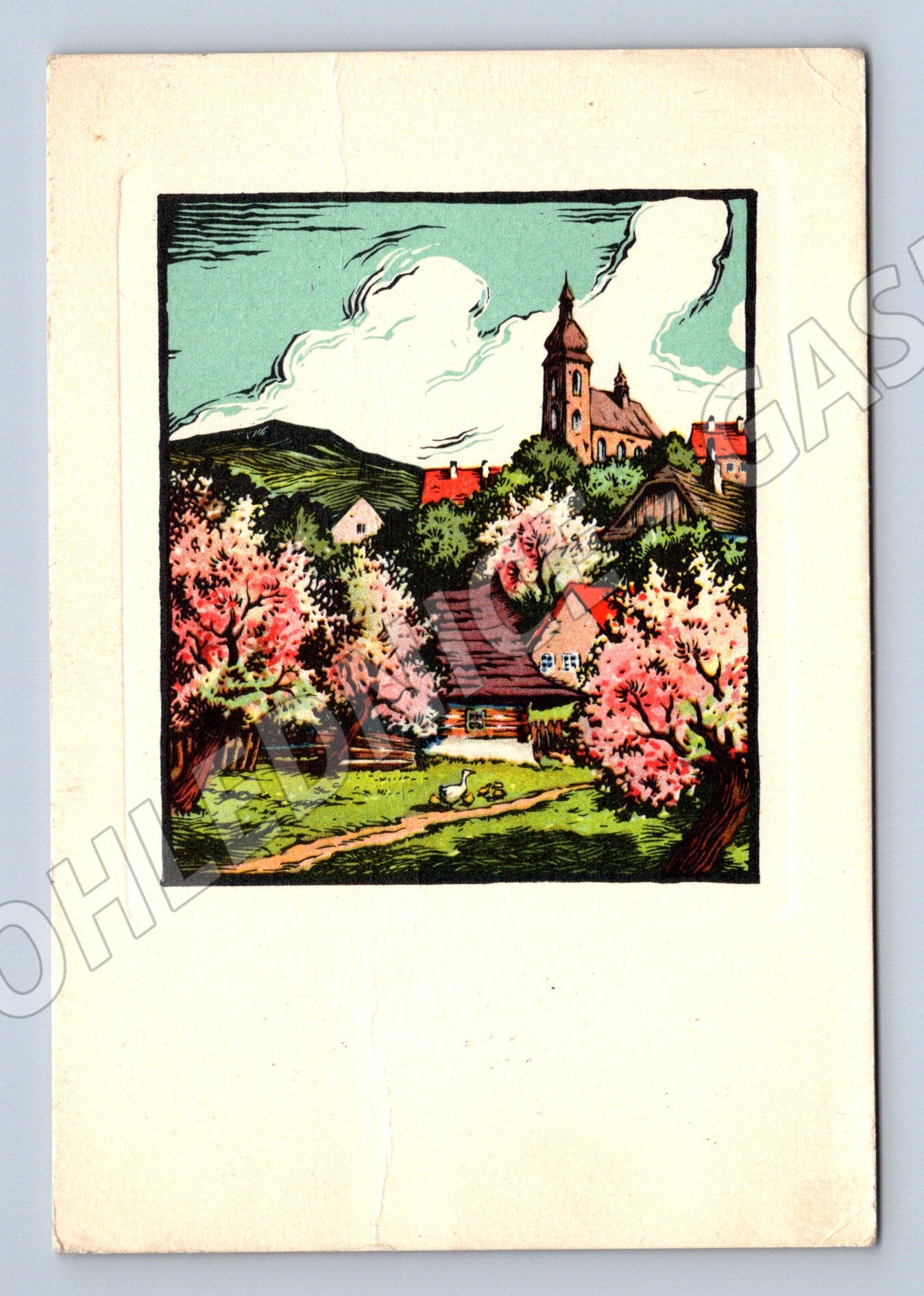 Postcard Cyril Kotyšan woodcut rural landscape (M10048)