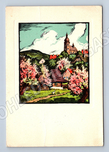 Postcard Cyril Kotyšan woodcut rural landscape (M10048)