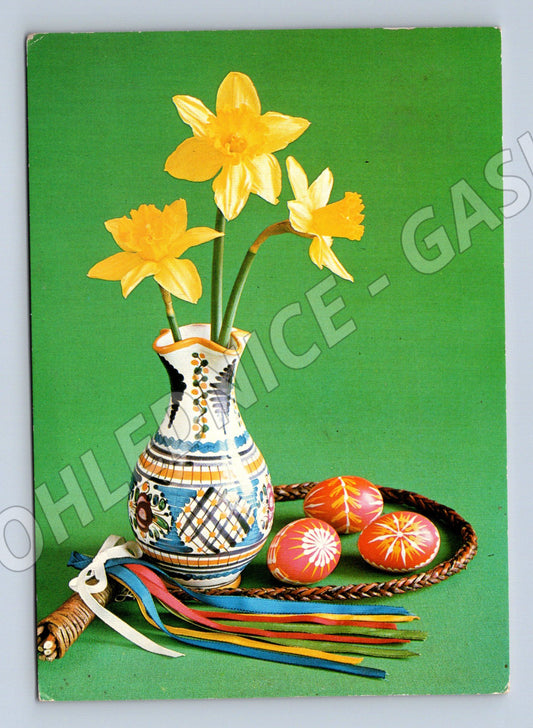 Velikonoční pohlednice ČSSR 1980 narcisy pomlázka (M10055)