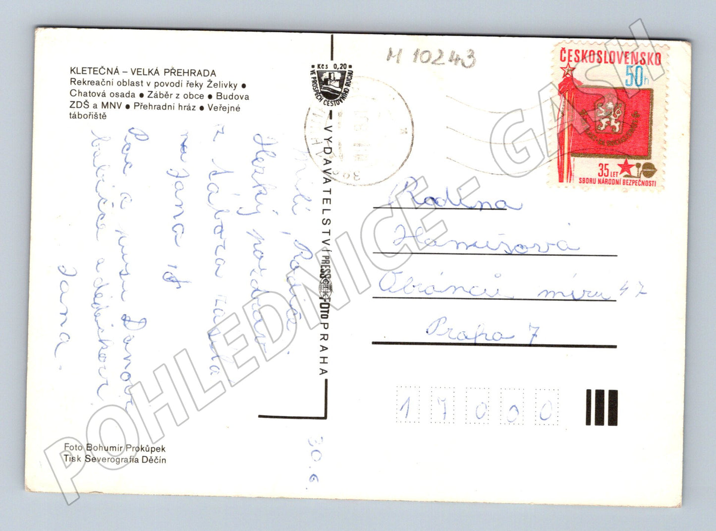 Pohlednice Kletečná – Velká přehrada, Želivka (M10243)