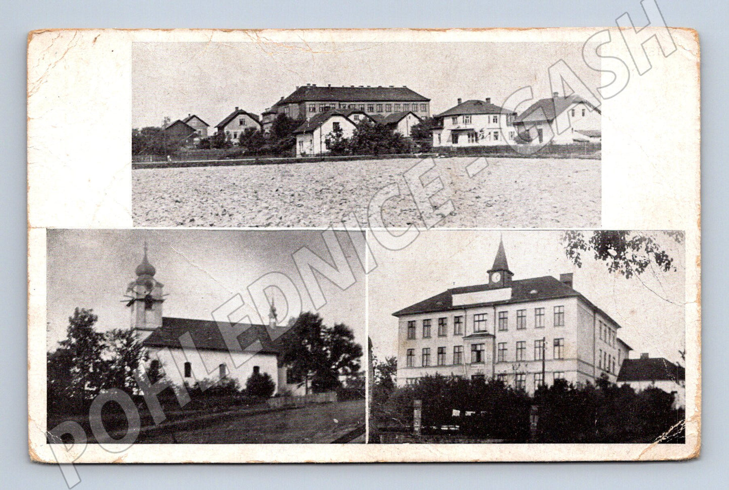Pohlednice Jistebník N.O. - škola, kostel, panorama (M10559)