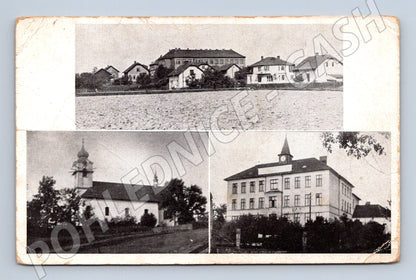 Pohlednice Jistebník N.O. - škola, kostel, panorama (M10559)