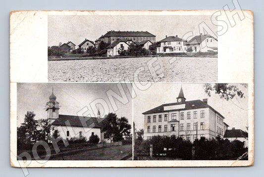 Pohlednice Jistebník N.O. - škola, kostel, panorama (M10559)