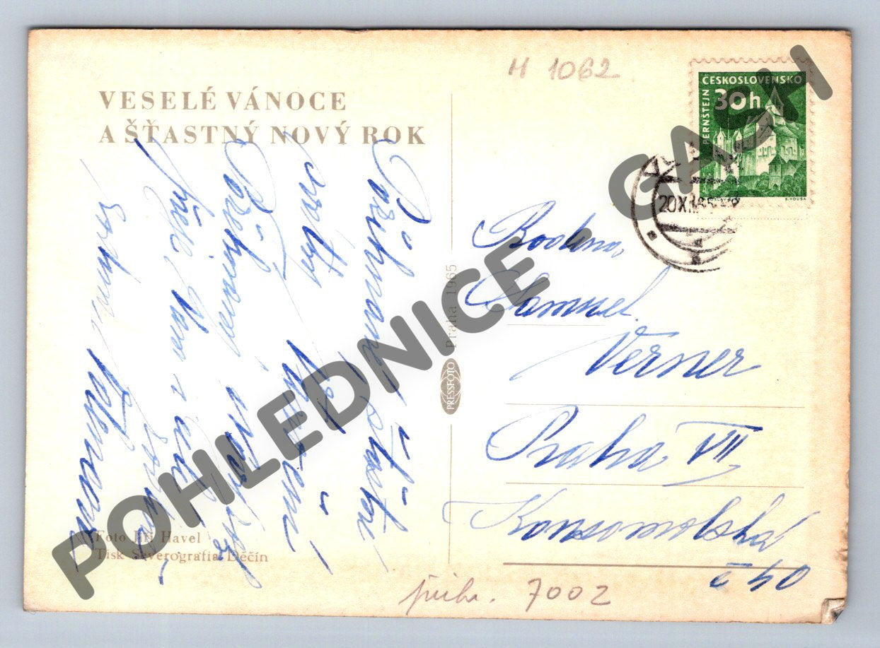 Pohlednice Zimní krajina roubenka a srnec 1965 ČSR (M1062)