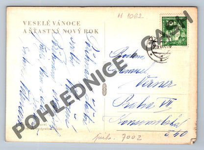 Pohlednice Zimní krajina roubenka a srnec 1965 ČSR (M1062)