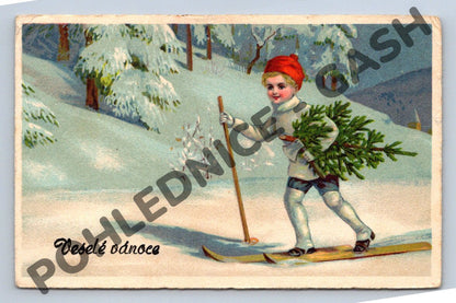 Pohlednice Vánoce 1949 zimní motiv dítě na lyžích (M1068)