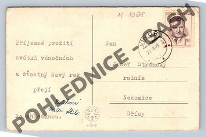 Pohlednice Vánoce 1949 zimní motiv dítě na lyžích (M1068)