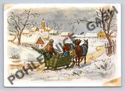 Pohlednice Vánoce F. Turek kolorovaná kresba 1957 (M1069)