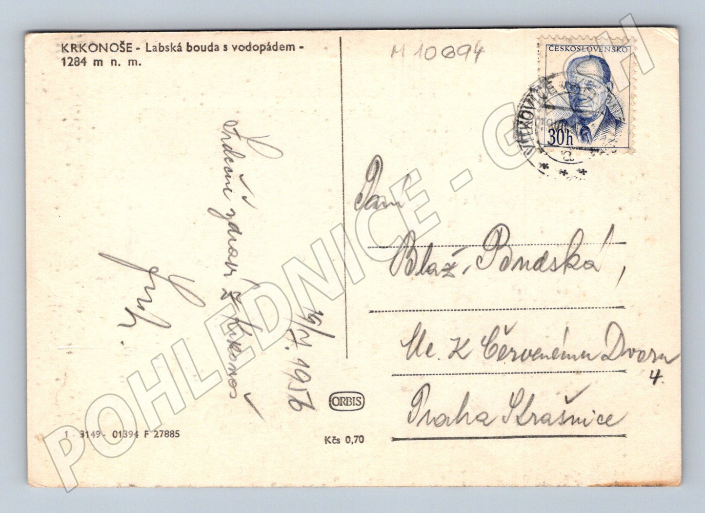 Pohlednice Krkonoše - Labská bouda s vodopádem (M10694)