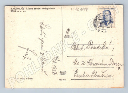 Pohlednice Krkonoše - Labská bouda s vodopádem (M10694)