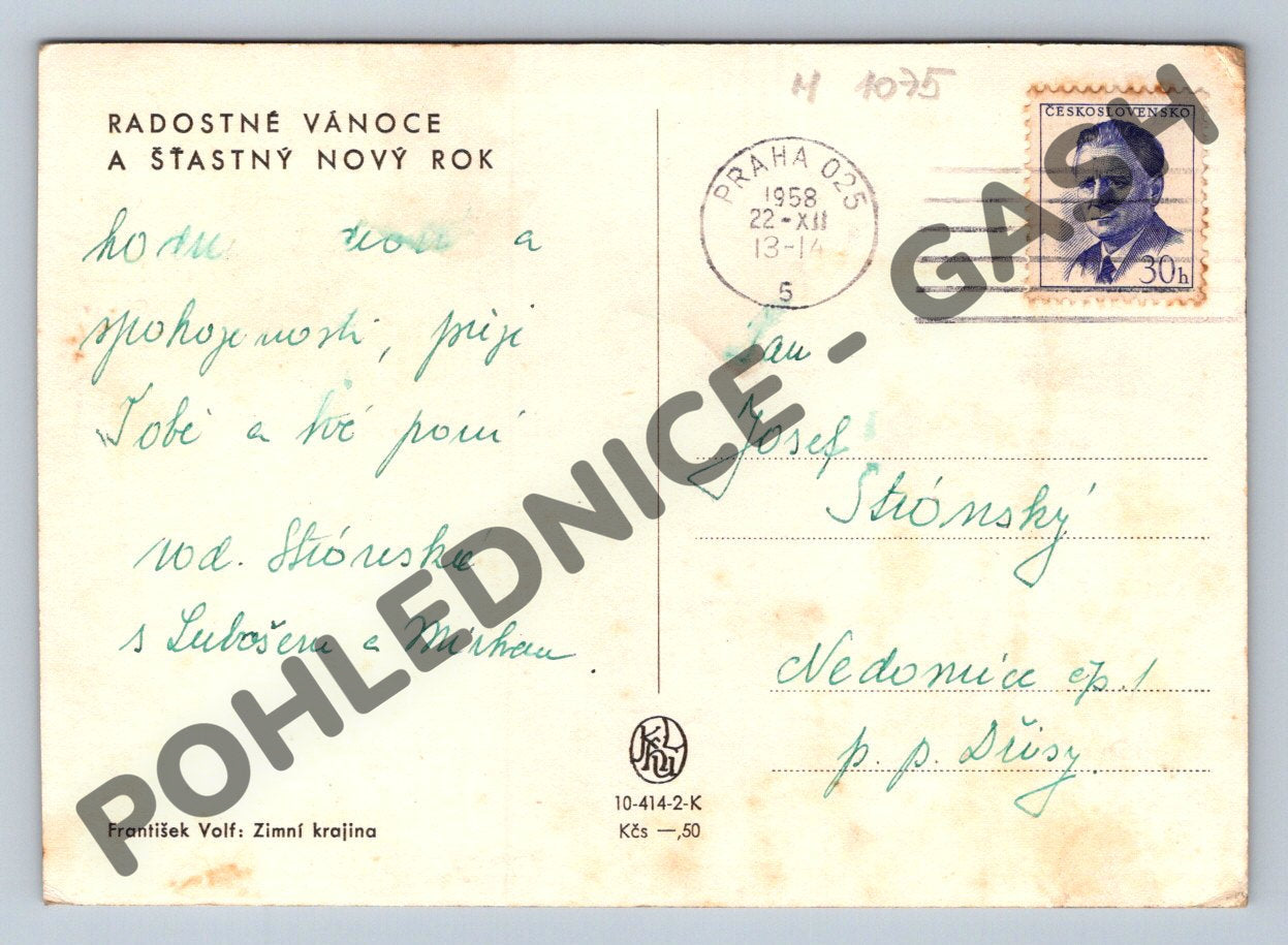 Pohlednice Zimní krajina František Volf 1958 (M1075)
