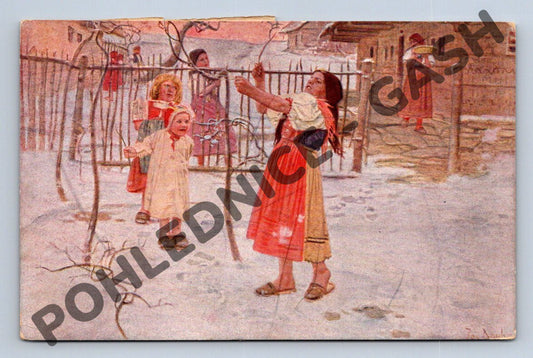 Pohlednice Vánoce 1920 děti v krojích Jos. Douba (M1122)