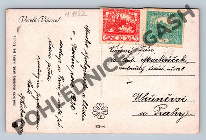 Pohlednice Vánoce 1920 děti v krojích Jos. Douba (M1122)