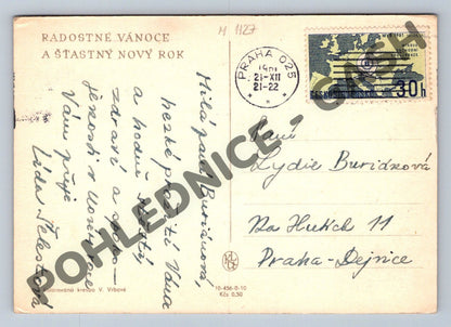 Pohlednice Vánoce V. Vrbová kolorovaná kresba (M1127)