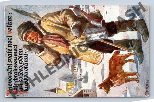 Pohlednice Ponocný s bubnem a psem – Československo 1925 (M1147)