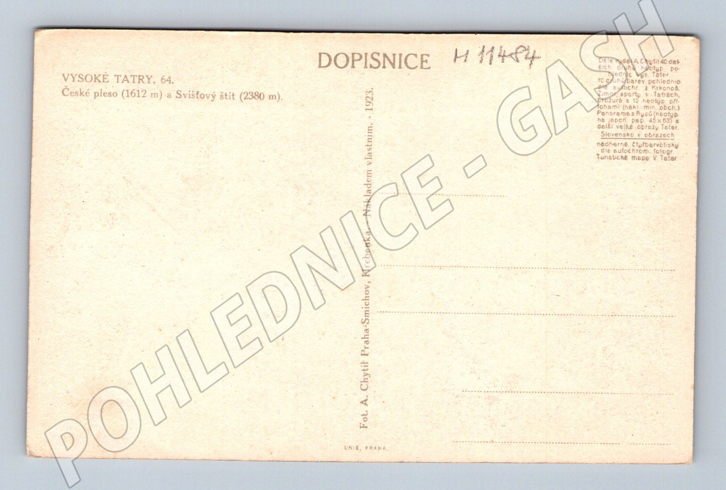 Pohlednice Vysoké Tatry, České pleso a Svišťový štít (M11484)
