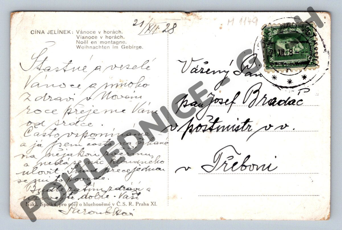 Pohlednice Vánoce v horách – Cína Jelínek 1928 (M1149)